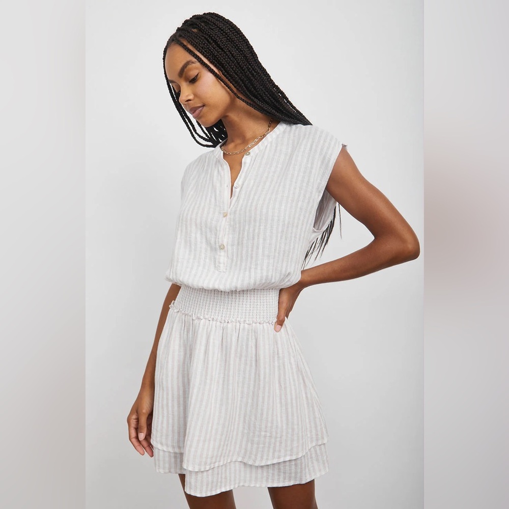 Rails Angelina Dune Stripe Mini Dress Smocked Waist Button Front Extra Small XS